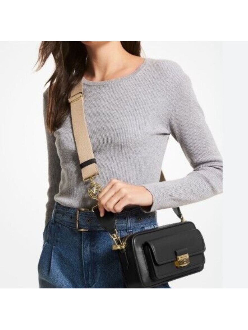 Michael Kors Black Leather Crossbody with Tan Adjustable Strap and Gold Hardware